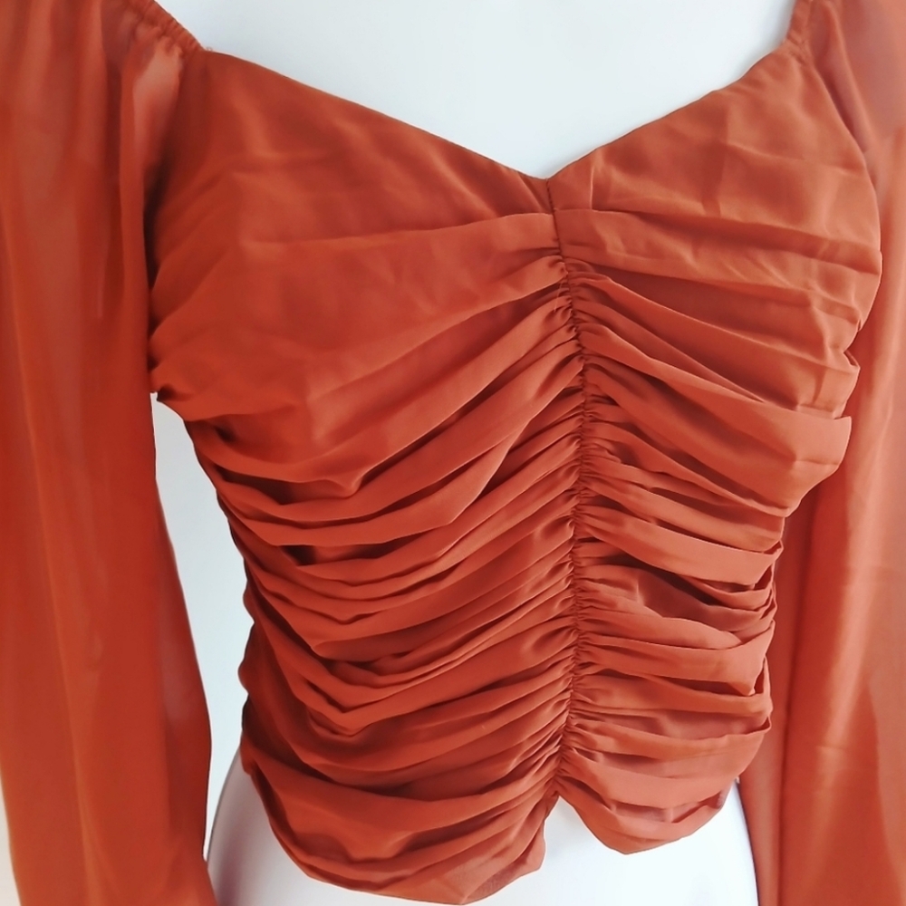 Abercrombie Fitch Cropped Top Long Sleeve Ruched Blouse Burnt Orange/Rust Small